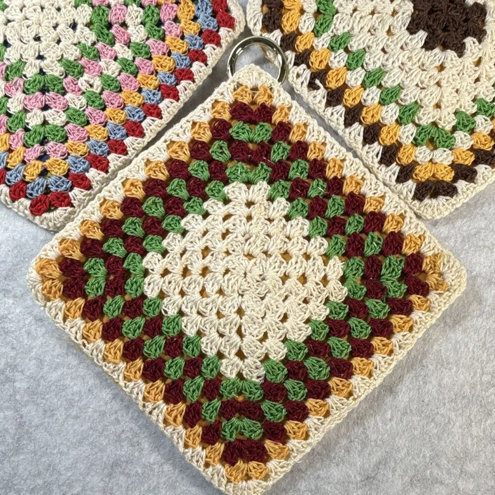 Handmade Crocheted Granny Square Potholders Set of 3 Multicolor w/ Rings